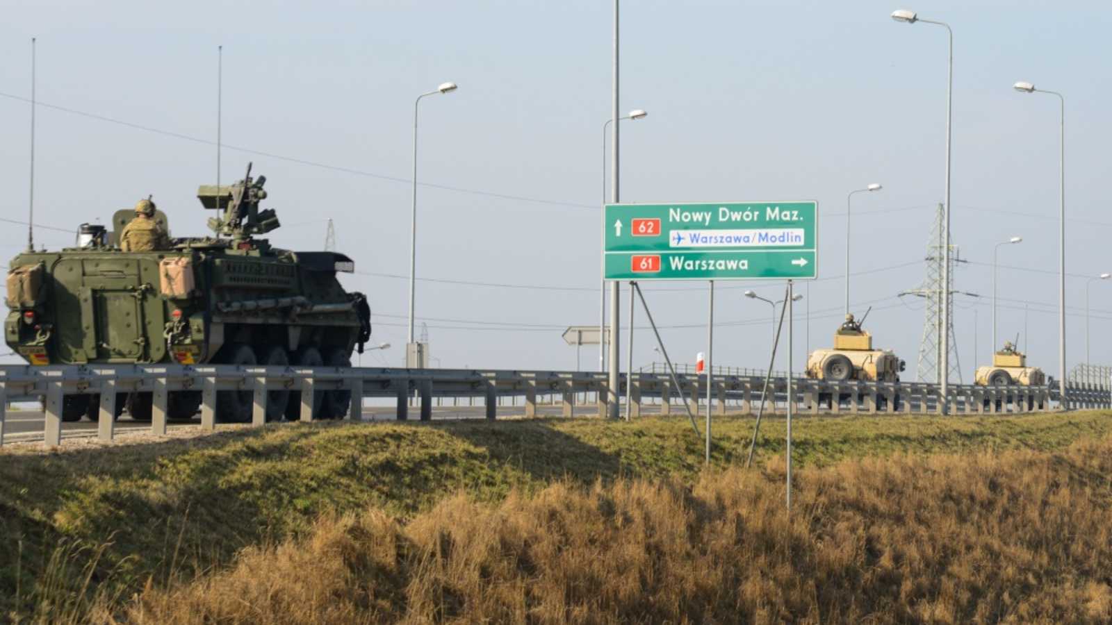 U.S. Army Stryker armored vehicles assigned to Iron Troop, 3rd Squadron, 2nd Cavalry Regiment, travel through the Poland country during the Dragoon Ride, March 27, 2015. The Dragoon Ride is exercising NATO’s freedom of movement and will cover more than 1,800 kilometers from Estonia to Vilseck, Germany, home of 3rd Squadron, 2nd Cavalry Regiment, in support of Atlantic Resolve. (U.S. Army photo by Pfc. Nathanael Mercado / Released)