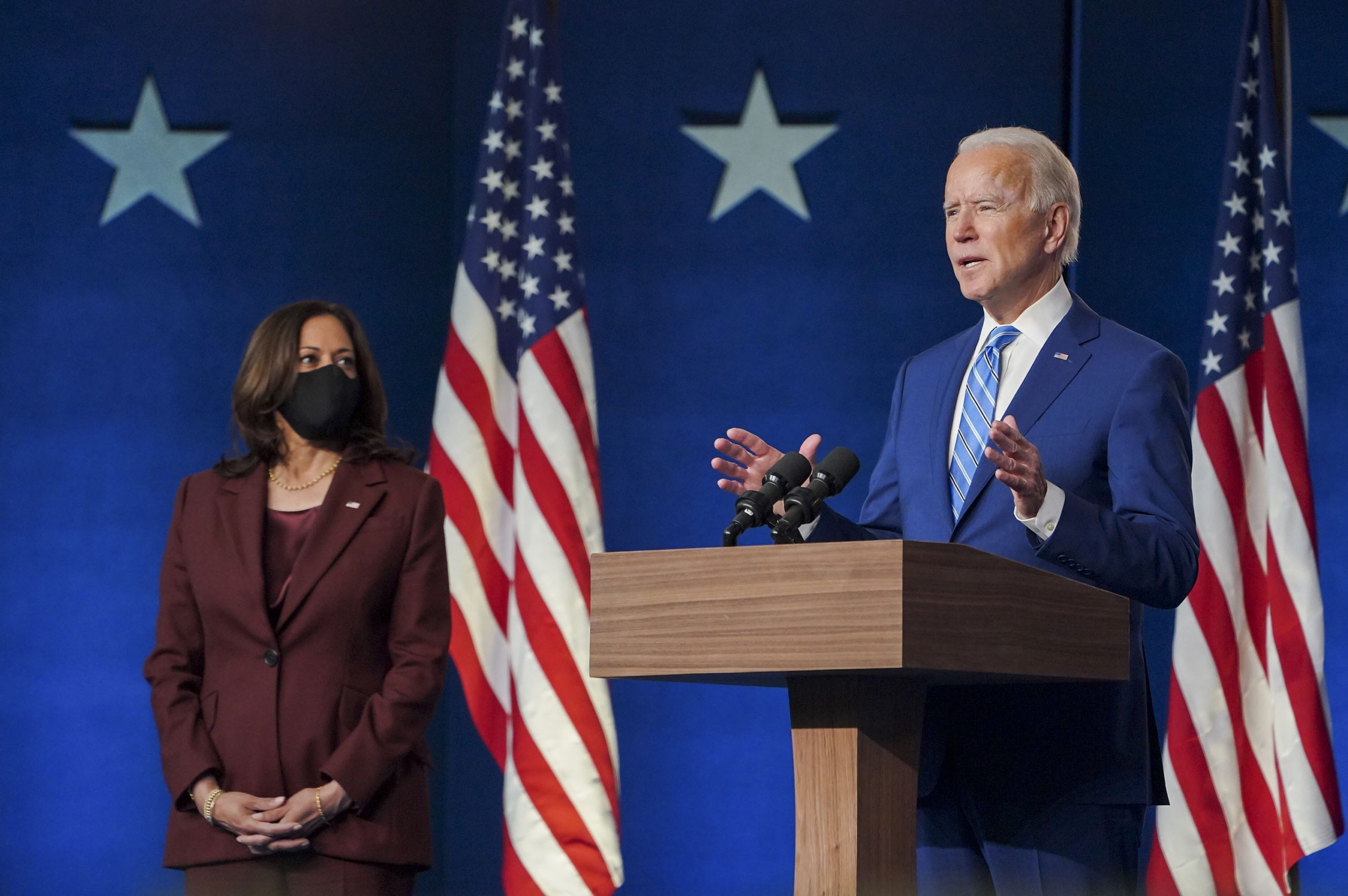 Photo: Joe Biden addressing the nation after Election Day 2020, with VP Harris at his side.