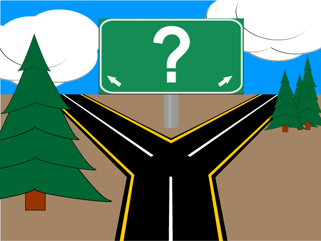 A road forks with a sign bearing only a question mark