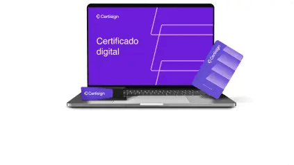 Imagem de um notebook, um celular, um pendrive e um cartão com chip com a logo da Certisign e escrito o nome do produto Certificado Digital | Certificação Digital | Certisign