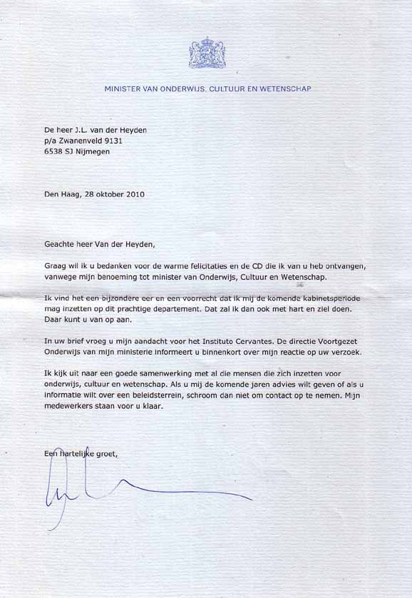 2 november 2010 ontvangstbevestiging ter attentie van de minister van