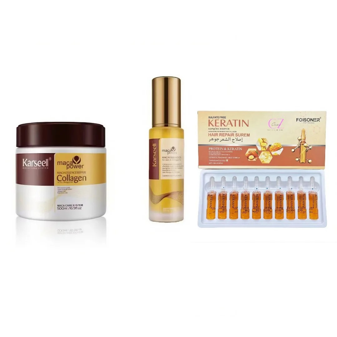 Set Super Reparare Păr Karseell – Mască Tratament cu Colagen 500ml + Ulei Premium cu Argan 50ml + 10 Fiole Intensive cu Keratină, Colagen și Argan