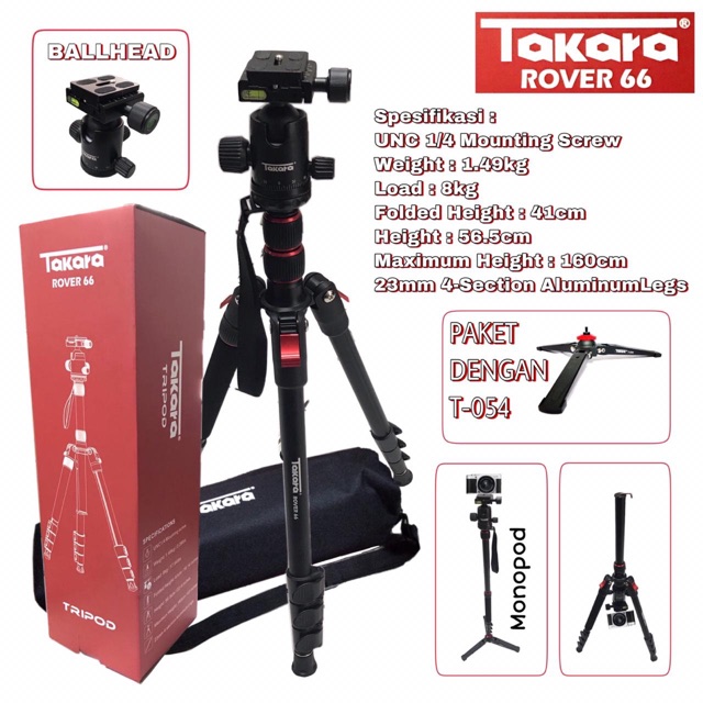 Takara rover 66 merupakan tripod monopod light weight dengan desain yang compact sehingga mudah dibawa traveling kemanapun. Takara Rover 66 T054 Tripod Monopod Black Shopee Indonesia