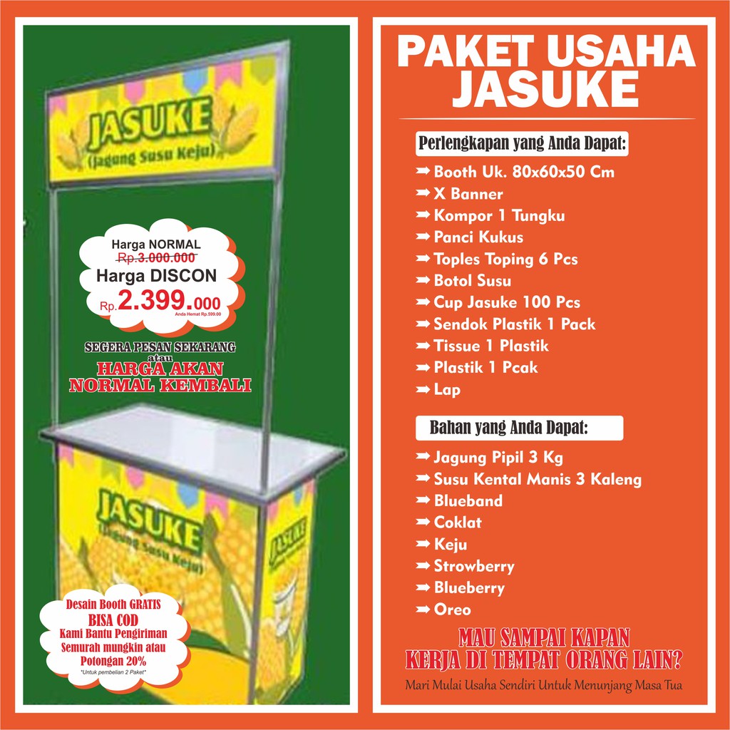 Mengenai modal awal franchise jasuke hanya sebesar rp2.700.000 dan anda bisa menggunakan booth dan bahan yang sudah diberikan oleh perusahaan. Jual Paket Usaha Jasuke Indonesia Shopee Indonesia