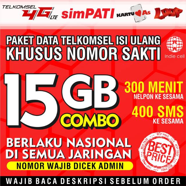 PAKET DATA TELKOMSEL 15 GB COMBO - 24 JAM 30 HARI | Shopee Indonesia