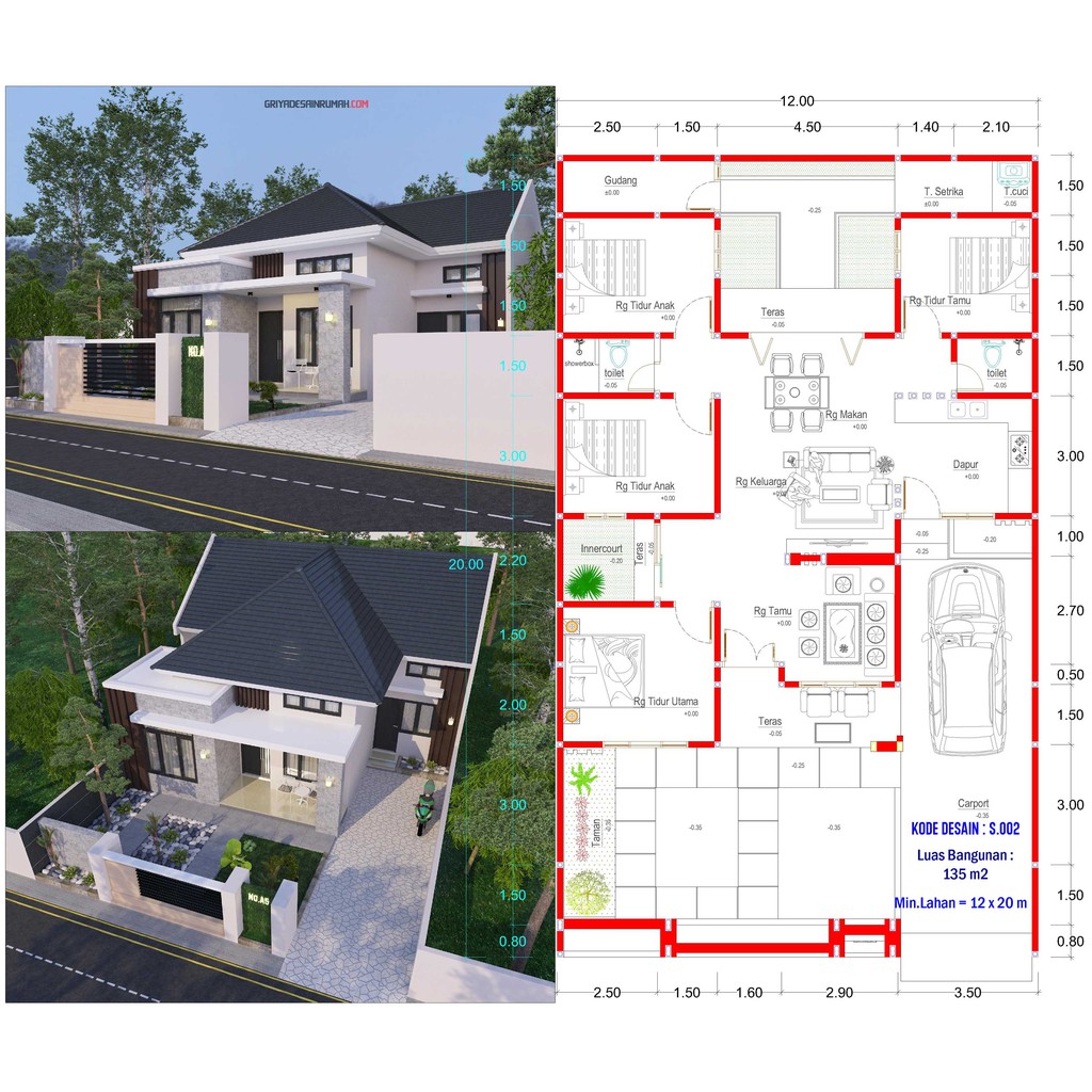 Desain rumah minimalis modern 7x12 3 kamar tidur 2 wc 1 lantai di. Desain Rumah 1 Lantai Ukuran 12x20 Meter 4 Kamar Tidur Minimalis Shopee Indonesia