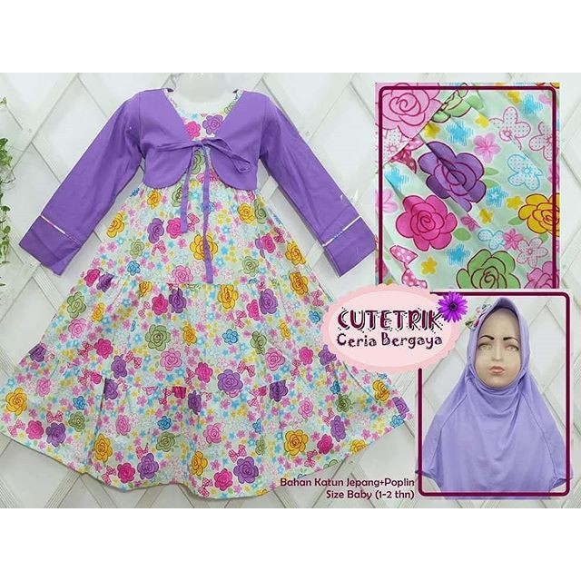 Gamis Bayi Cutetrik Flower Ungu Baju Bayi Muslim Set Jilbab