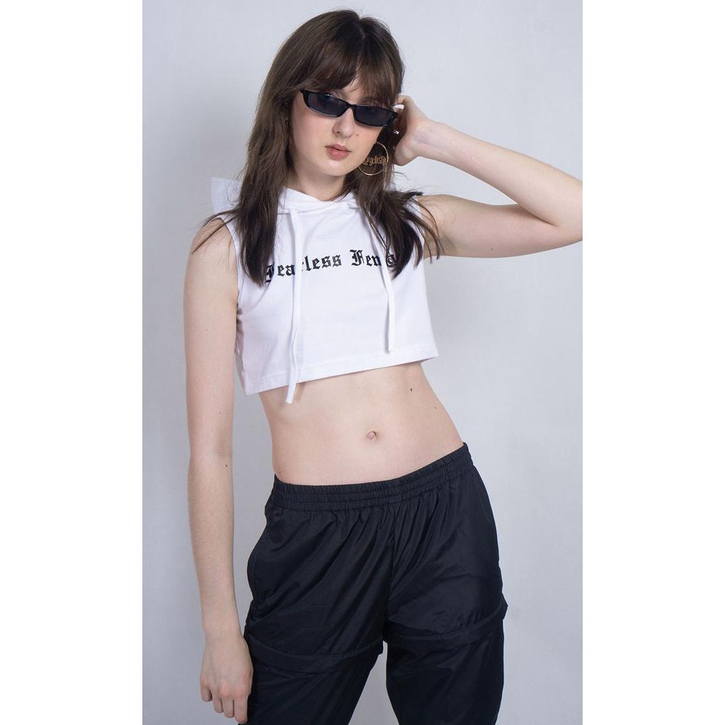 promo ocwa crop sleeveless hoodie fearless female white - s shopee indonesia on cropped sleeveless hoodie women's