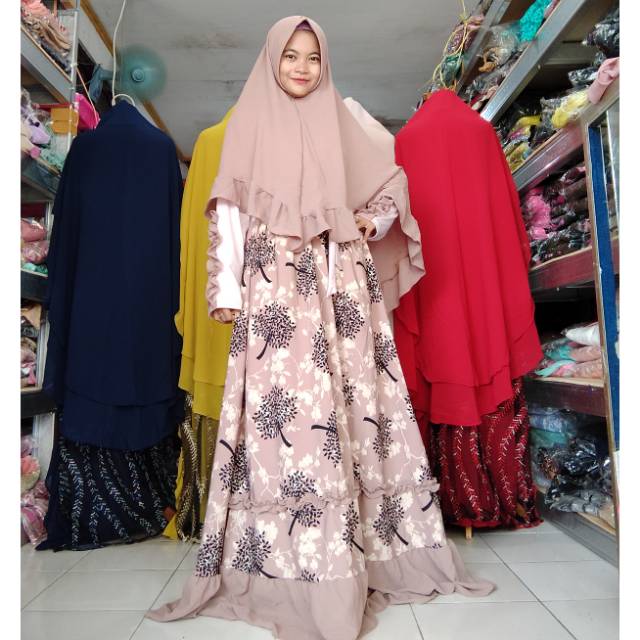Set Gamis Syari Baju Muslim Harian Wolfis Wolvis Monalisa Motif