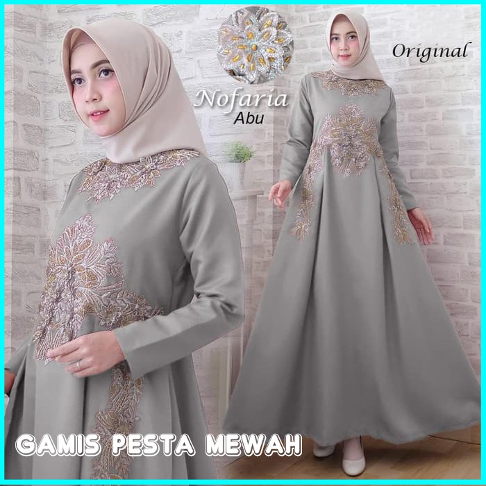 Baju Gamis Wanita Abu Baju Pesta Wanita Terbaru Nofaria Mewah