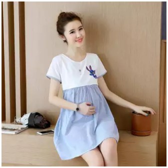 Baju Wanita Hamil Gaun Pencocokan Pencetakan Lengan Pendek