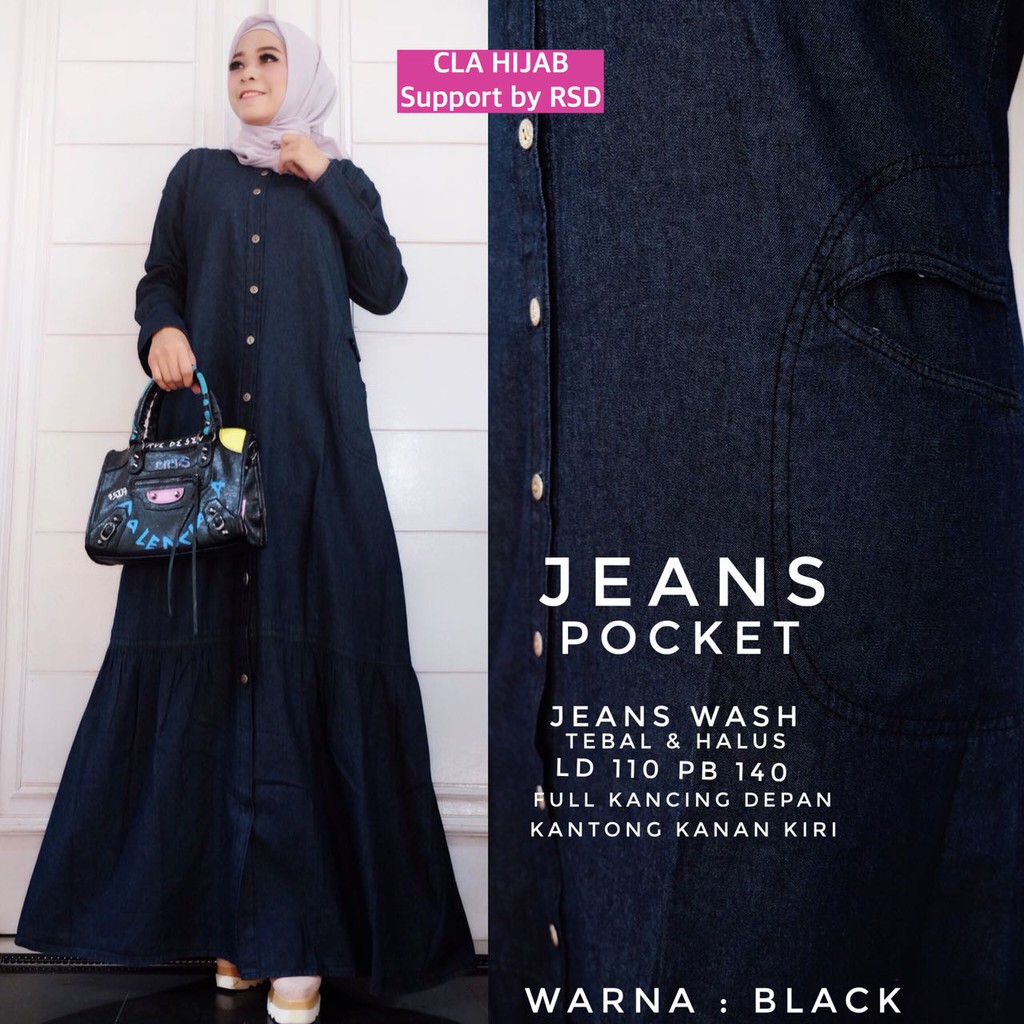 Gamis Jeans Pocket Baju Muslim Maxy Dress Gamis Jeans Wash