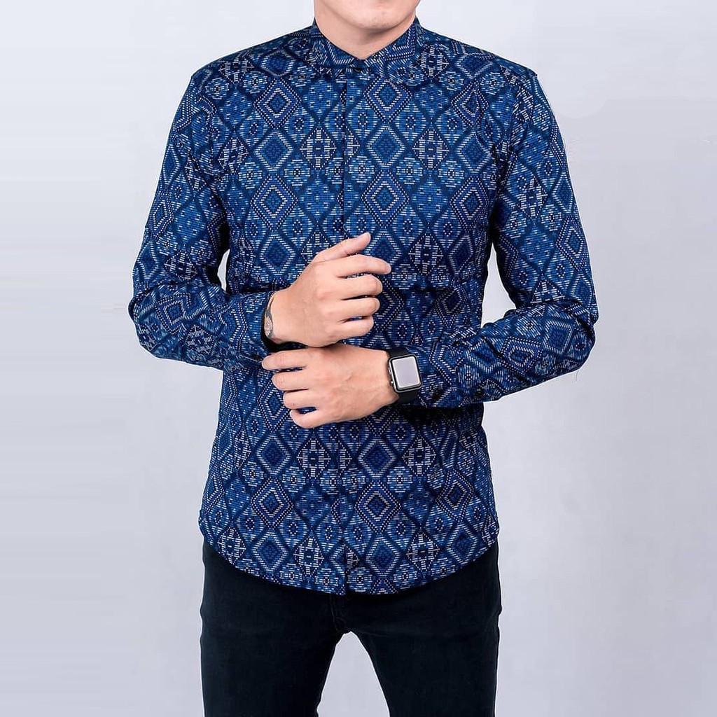 Jual baju batik kemeja batik lengan panjang pria songket diamond biru