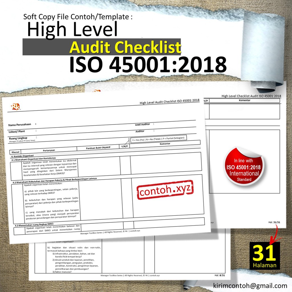 Hukum yang berlaku dan persyaratan lain (klausul 6.1.3) · catatan pelatihan, keahlian, pengalaman dan kualifikasi (klausul 7,2) · hasil pemantauan . Jual Contoh High Level Audit Checklist Iso 45001 2018 Bahasa Indonesia Editable Indonesia Shopee Indonesia