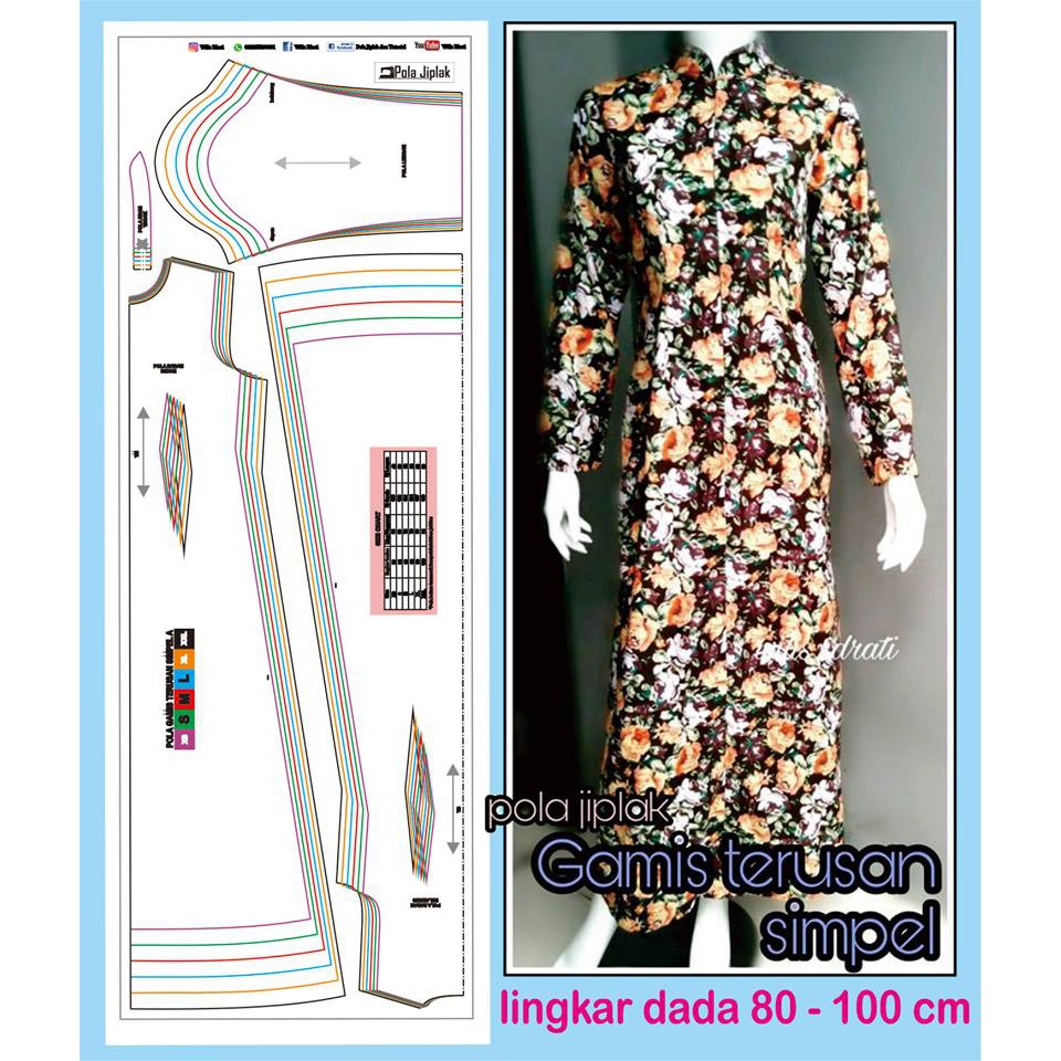 Pola Jiplak Model Gamis Terusan Simpel A Ld 80 Cm 100 Cm Untuk