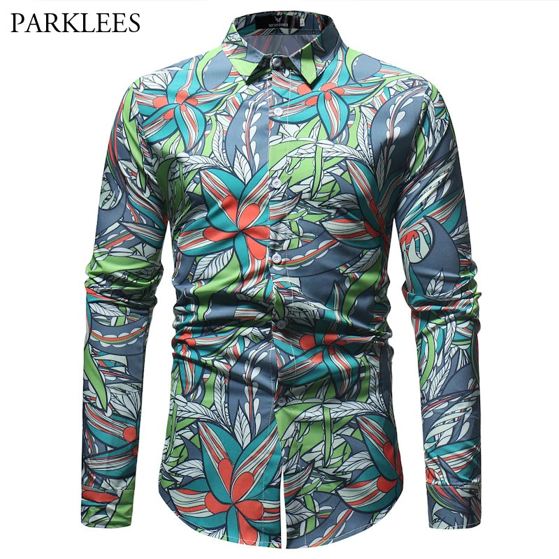 New Men Long Sleeve Floral Shirt Beach Hawaiian Shirt Printed Cotton Shirt Tops