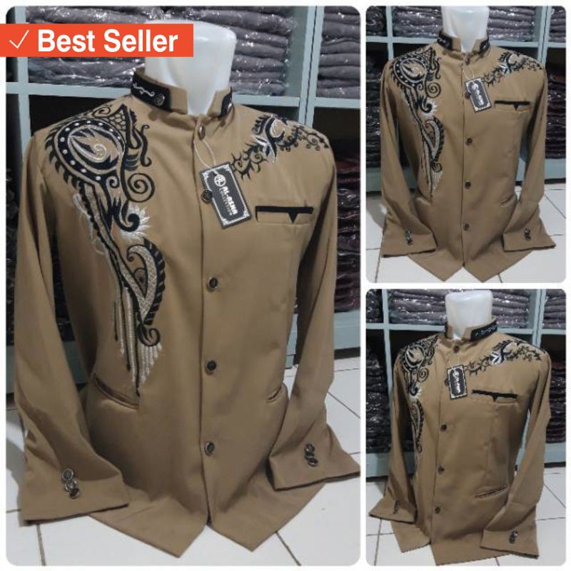 Jual Baju Koko Busana Muslim Pria Murah / Jasko Coklat Muda Pemda Khaki  Bordir Modern Murah Indonesia|Shopee Indonesia