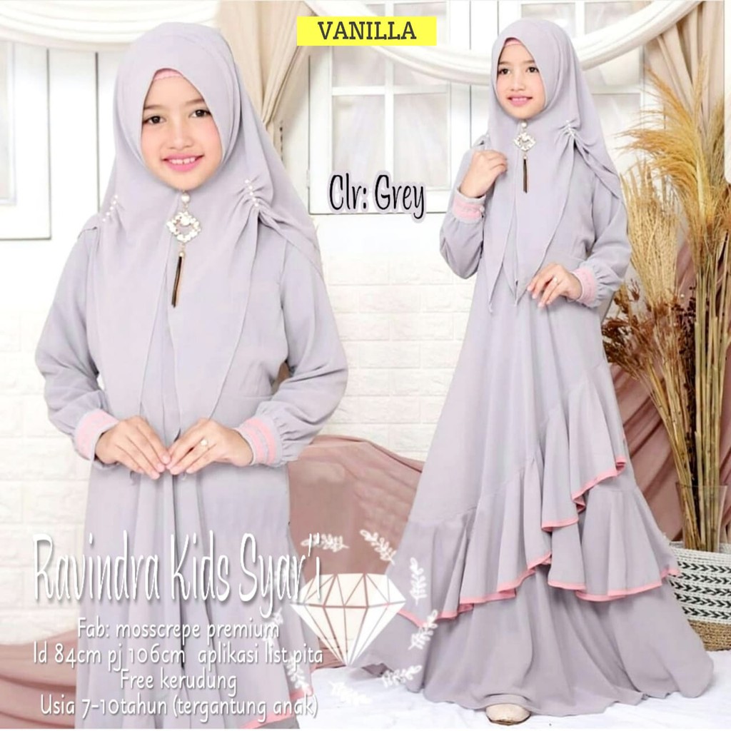 Gamis Anak Ravindra Kids Free Gratis Kerudung Grey Abu Abu