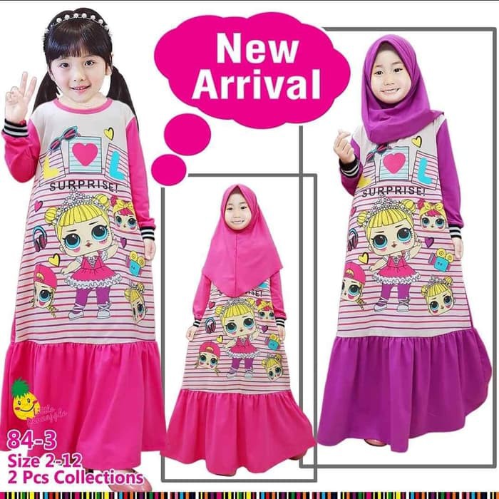 Baju Muslim Anak Perempuan Lp Gamis Kaos Lol Pink Ungu Garis Ribs