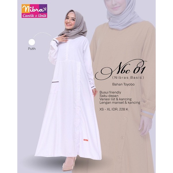 Gamis Nibras Basic Nbc 01 Putih Bahan Toyobo Polos Cantik Murah