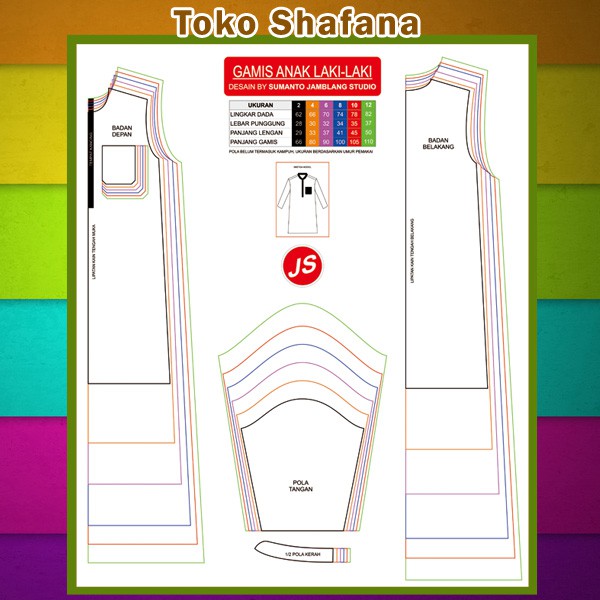 Pola Jiplak Gamis Anak Laki Laki Usia 2 Sampai 12 Tahun Jp033