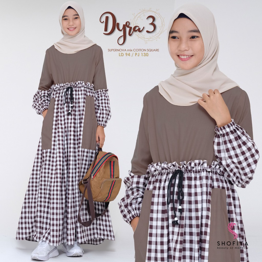 Unik Gamis Remaja Motif Kotak Dyra Teen Original Ori Shofiya Murah