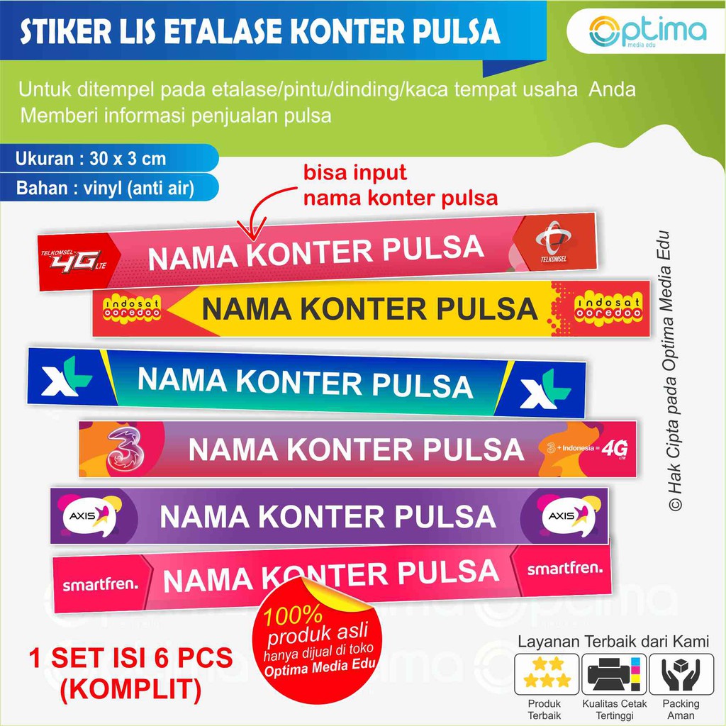 Atau kirim kesalah satu wa center dibawah ini: Stiker Lis Etalase Konter Pulsa 3 X 30 Cm Isi 6 Pcs Bisa Input Nama Konter Toko Shopee Indonesia