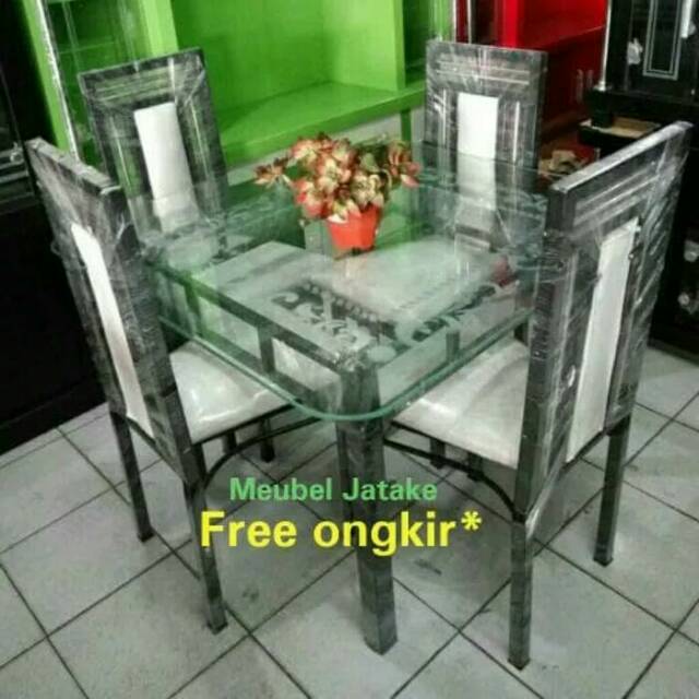 Meja Makan Kaca Swedia Kursi Besi 4, Bahan Besi Kaca Segi | Shopee Indonesia