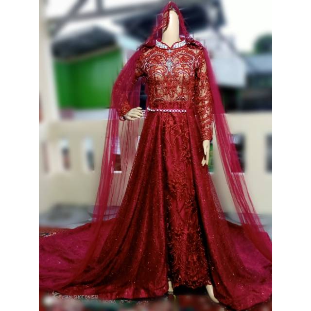 Baju gaun pengantin warna merah marun model krinolin full payet motif bunga garis garis wedding dress gown mekar muslim wanita perempuan muslimah hijab . Jual Gaun Pengantin Model Span Rok Ekor Panjang Warna Merah Marun Indonesia Shopee Indonesia