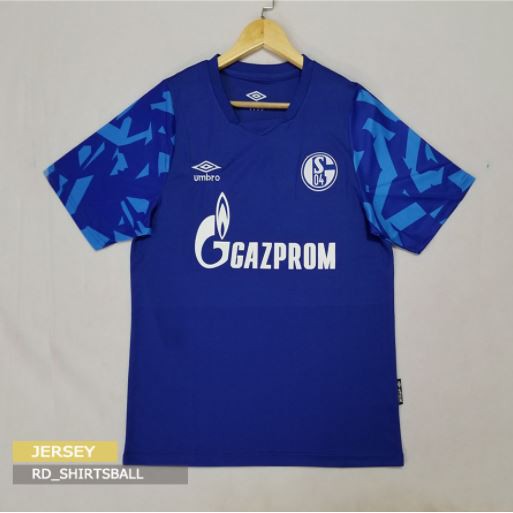 The front of the jersey features a large white gazprom lettering on the chest. Jersey Kaos Baju Bola Schalke 04 Home Biru 19 20 2019 2020 Grade Ori Shopee Indonesia