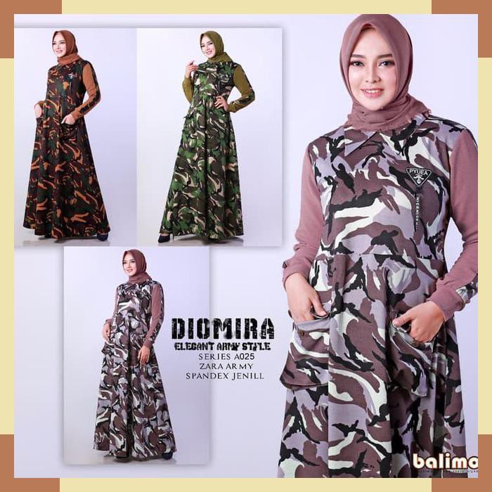 Diomira Dress Muslimah Balimo Kekinian Casual Gamis Army Simple