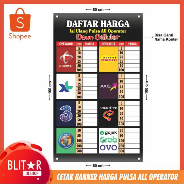 Download now contoh banner jualan pulsa simak gambar berikut Banner Spanduk Konter Daftar Harga Pulsa Ukuran 60x100 Cm Shopee Indonesia