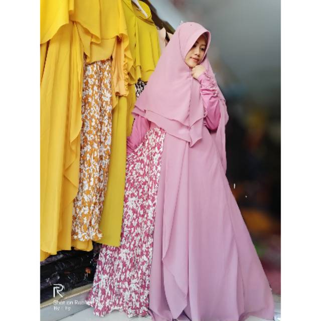 Set Gamis Syari Baju Muslim Harian Plisket Prisket Motif Jumbo