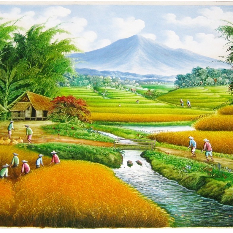 Jual Lukisan Pemandangan Panen Padi Sawah Terasering Dengan Gunung Yang Indah - 85 X 135 Cm Indonesia|Shopee Indonesia 785_X_785_jpg