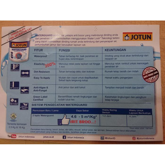 Jotun waterguard adalah cat emulsi eksterior yang dikembangkan menggunakan formula modied acrylic 1 komponen dan cocok untuk penggunaan pada beton, dinding . Cat Pelapis Anti Bocor Jotun Waterguard Kemasan 3 5 Kg Mura Murah Shopee Indonesia