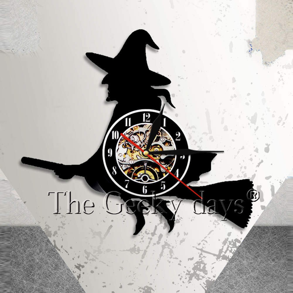 7 color 3d led halloween zombie wall clock. Witch On A Broom Stick Halloween Wall Art Wall Clock Happy Halloween Vinyl Record Wall Shopee Indonesia