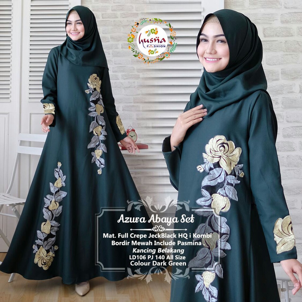 Gamis Syari Azura Abaya Set Full Crepe Jeckblack Hq I Kombi Bordir