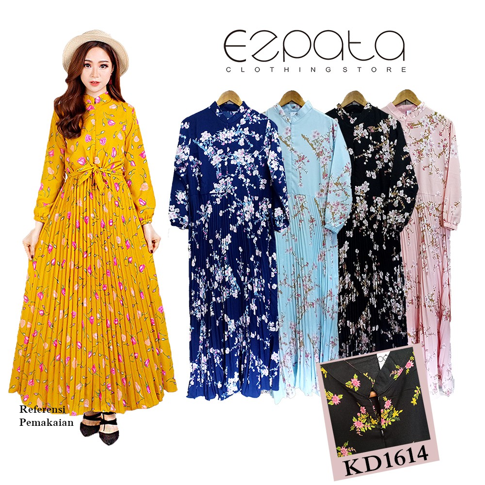Jual Gamis Plisir Model Plisket Terbaru Bunga Sakura Lebaran 2019