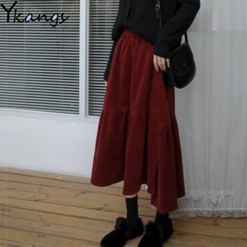 plus size autumn winter corduroy skirt women vintage wine red midi long skirts female elastic high w shopee indonesia on women's long corduroy skirts