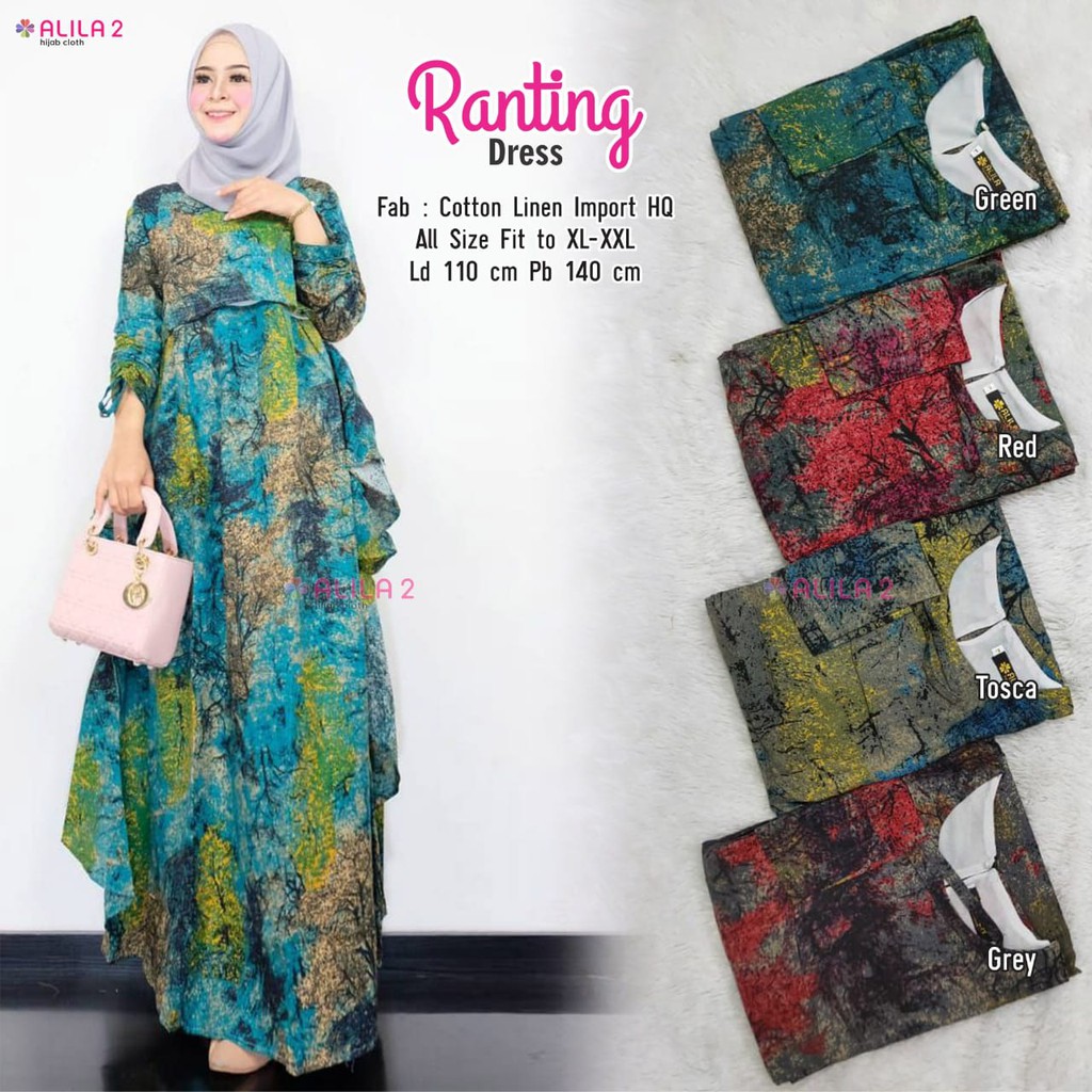Realpict Ranting Linen Maxy Long Dress Muslim Wanita Gamis Motif