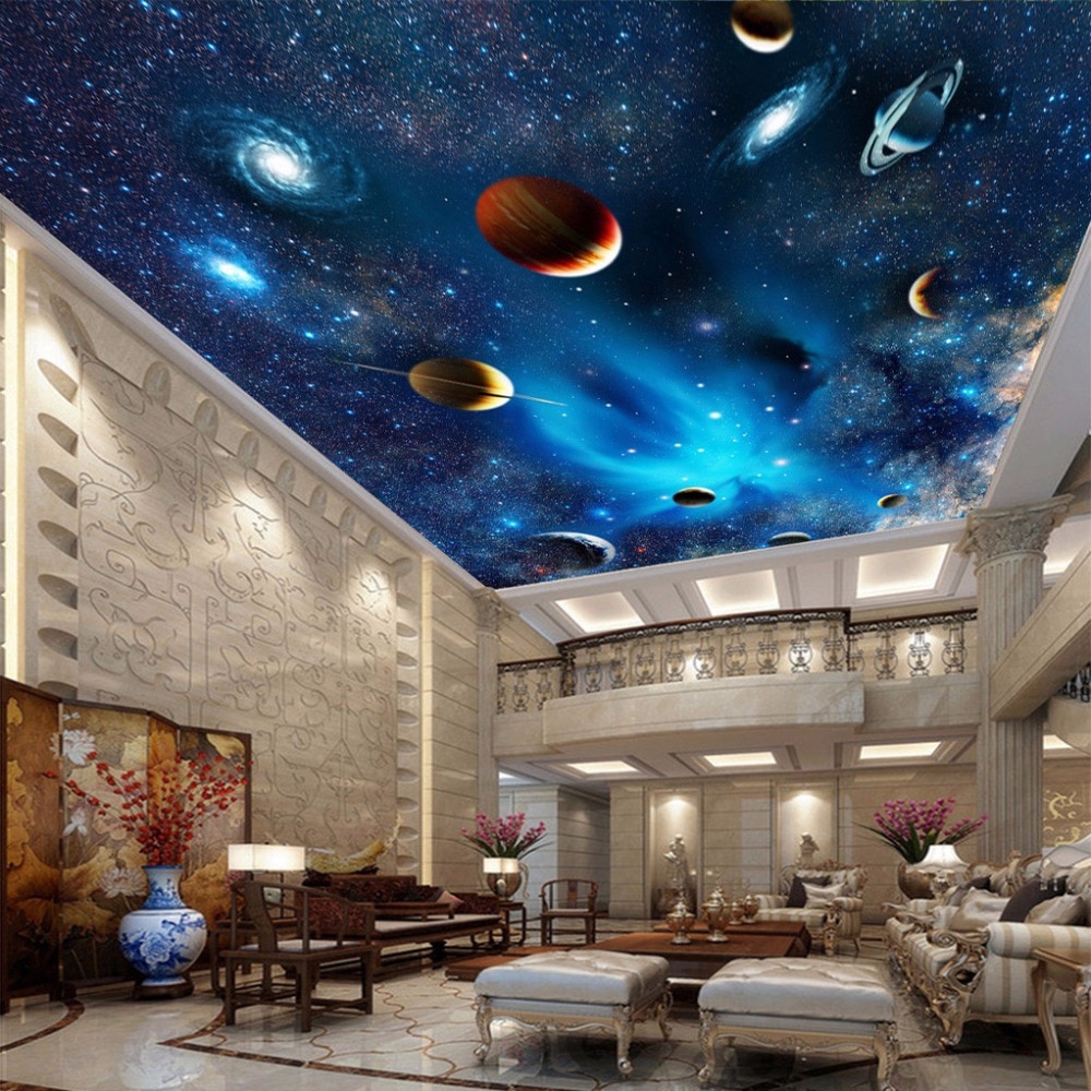 The soft, deep blue shade applies to the central part of the tray ceiling. Custom Mural Wallpaper 3d Universe Space Star Planet Ceiling Paintings Living Room Bedroom Ceiling Background Decor Wall Shopee Thailand