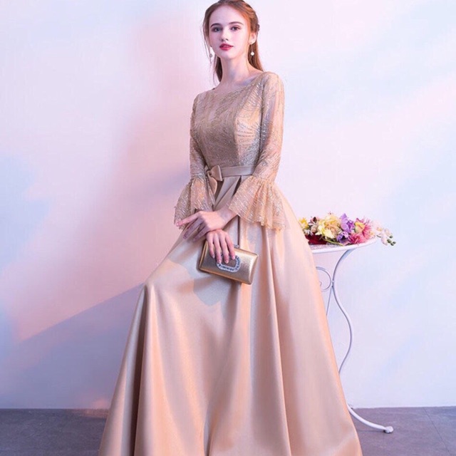 Gold Wedding Engagement Formal Elegant Long Loose Night Party Gala Dinner Dress Shopee Malaysia