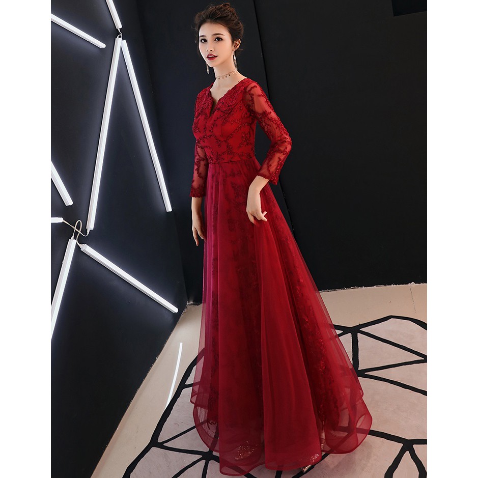 Red Lace Embroidery Long Sleeve Dress Women Goddess Dinner Wedding Gown Dresses Shopee Malaysia