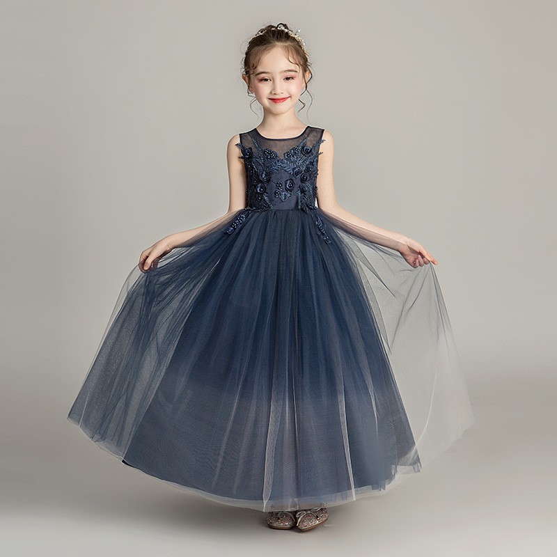 Teen Girl Princess Dress Summer Girls Dark Blue Long Dress Europe And America Kids Costumes Big Girl Evening Wedding Party Dress Shopee Malaysia