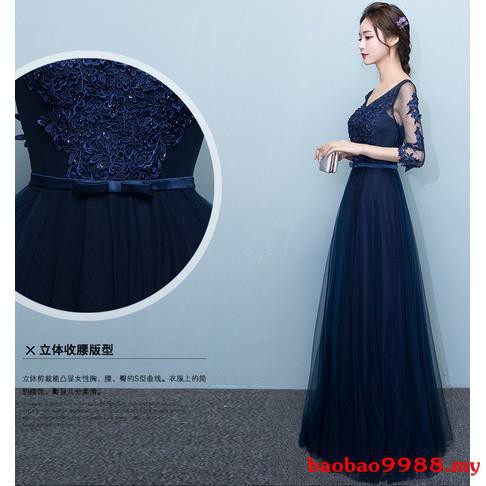 Women Long Sleeve Navy Blue Elegant Long Dress Wedding Dinner Prom Maxi Dress Shopee Malaysia