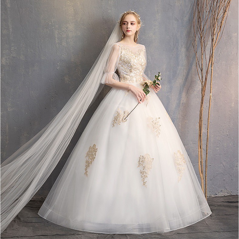 New White Embroidery Lace Bridal Wedding Ball Gown Romantic Women Bride Long Formal Engagement Party Even Maxi Dress Shopee Malaysia