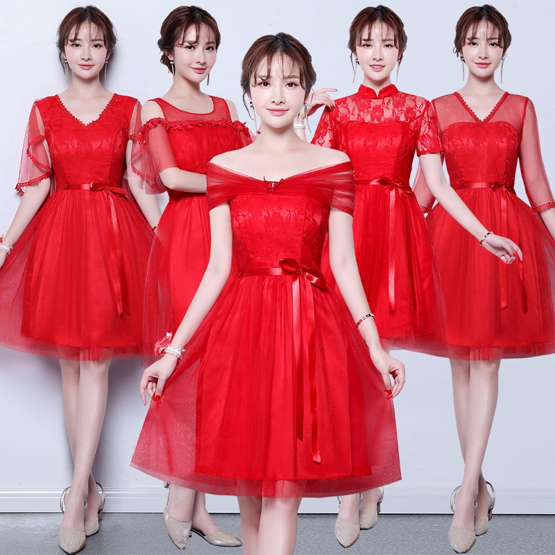 Women Red Short Bridesmaid Dress Sister Wedding Gown Elegant Dinner Midi Dress Shopee Malaysia