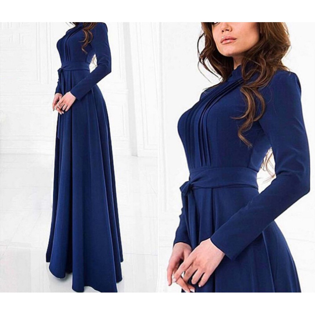 Comvip Women S Chic Dark Blue Formal Evening Maxi Long Sleeve Dresses Shopee Malaysia