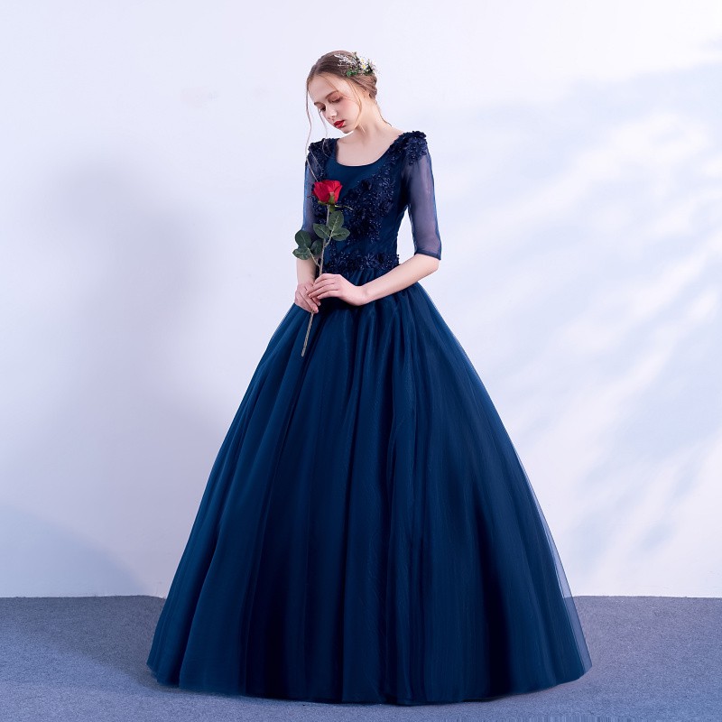 Navy Blue Long Sleeve Fairy Roses Princess Wedding Bridal Prom Maxi Dress 8 Shopee Malaysia