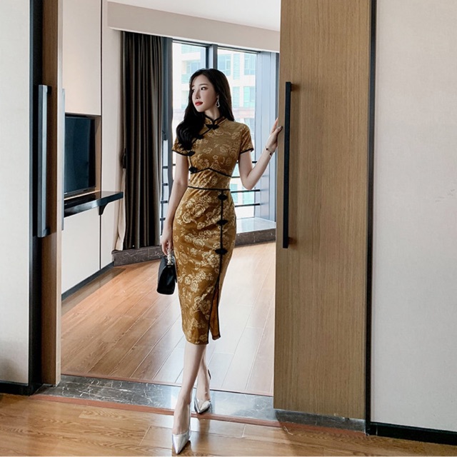 We S M L Size Modern Cheongsam With Slit In Gold Midi Dress For Chinese New Year Wedding Dinner Clubbing Shopee Malaysia